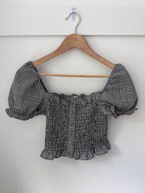 OVS Plaid Smocked Milkmaid Crop Top Gingham Puff Sleeve Size M